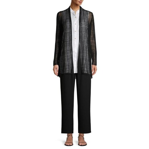 Eileen Fisher Cardigan Organic Italian Linen Blend Open Knit Duster Black L - Picture 6 of 14
